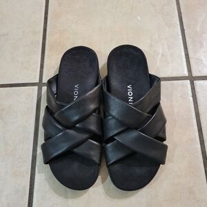 Vionic Juno Black Leather Braided Comfort Women's Black Crisscross Slide Sandals